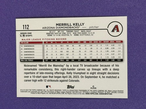 2024 Topps Series 1 Merrill Kelly #112 Arizona Diamondbacks (Q) - Bild 2 von 2