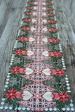 Christmas Embroidered Table Runner Cut Work Pink Poinsettia 16" x 72" Ecru NEW