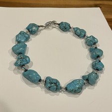 Statement Necklace Blue Turquoise Stone / Crystal Bead Silver Tone Clasp