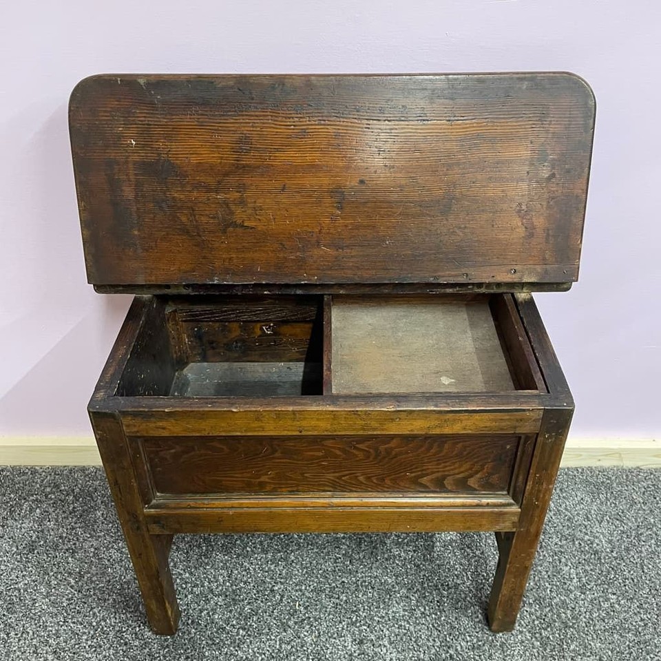 Antique Small Wooden Work Box Stool With Hinged Lid Tool Tray Side End