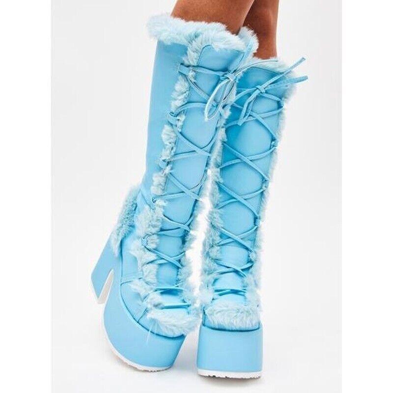 Womens Sweet Winter Warm Platform Dress High Chunky Heel Lace Up Knee High  Boots | eBay