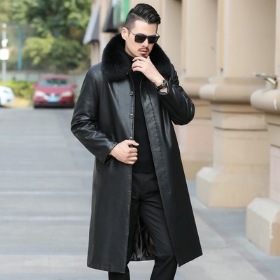 Mens Leather Trench Coat Fur Collar 