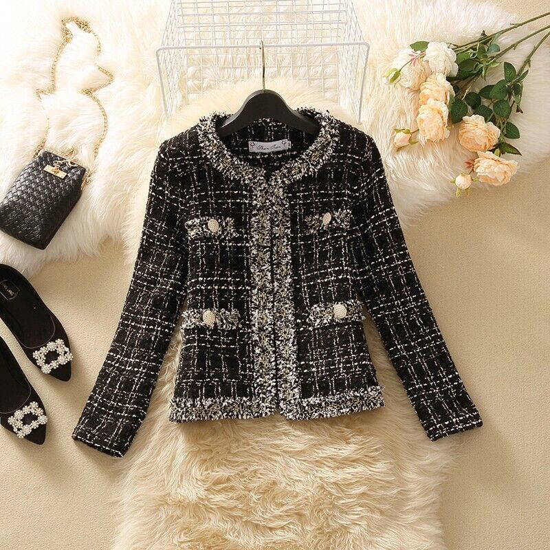 Women's Faux Tweed Short Coat Slim Fit Round Neck Temperament