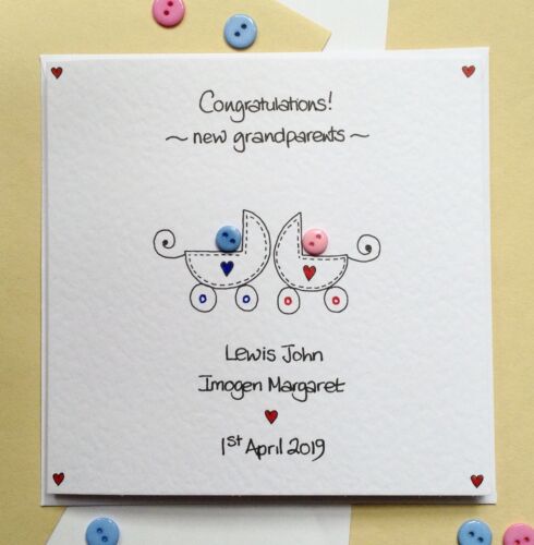 Personalised Handmade button Congratulations baby twins card girl and/or boy - Picture 1 of 3