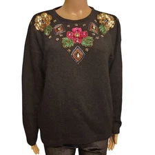 Vintage Bejeweled Black Silk and Angora Sweater M