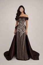 Brown Silver Off-Shoulder Embellished Dress with Bow for Formal Occasions