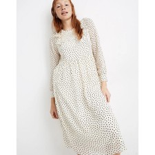 MADEWELL NWT Smocked Ruffle-Shoulder Inkbrush Dots Dress in Antique Cream-Small