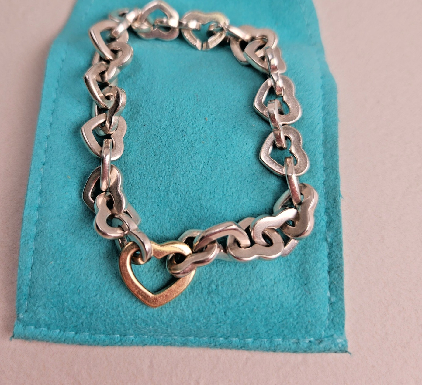 Tiffany & Co 18K Yellow Gold & 925 Sterling Silver Love Heart Link Bracelet 7.5"