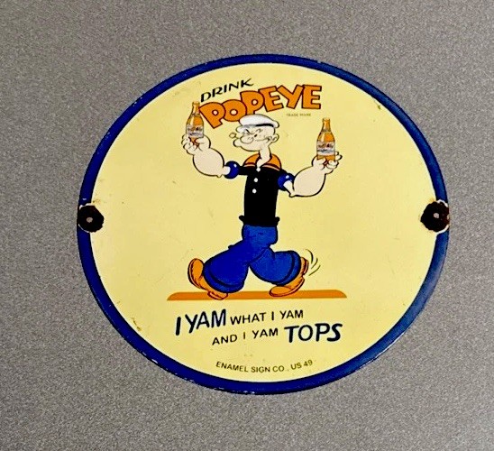 VINTAGE 12” 1949 DRINK POPEYE SODA COLA  PORCELAIN SIGN CAR GAS MOTORCYCLE OIL