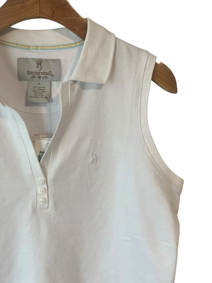 Camisa regata feminina Browning sem mangas M branca gola V gola alta com botão nova com etiquetas - Imagem 3 de 4