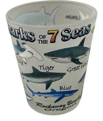 Shot Glass Souvenir Sharks of the 7 Seas Rockaway  Beach Oregon  Frosted Glass