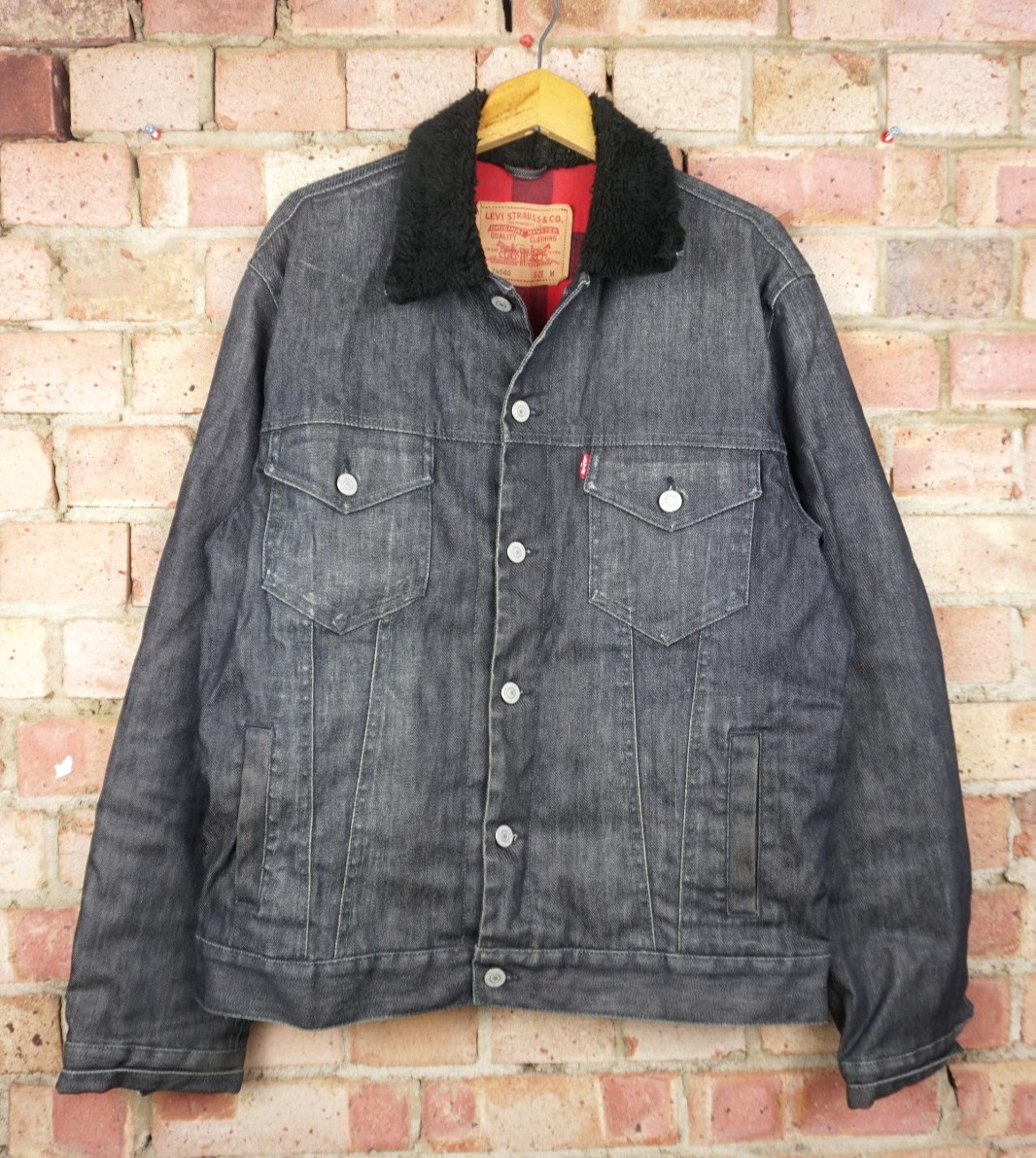 Levis Vaqueros Camionero Chaqueta Talla M Negro Sherpa Cuello Tartán Manta Forro