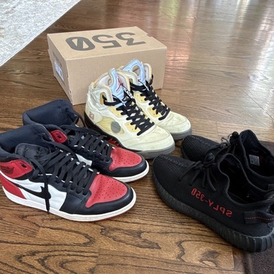 Bundle 3 shoes Jordan 5 offwhite, Jordan 1 bred toe, Yeezy boost 350 black/red