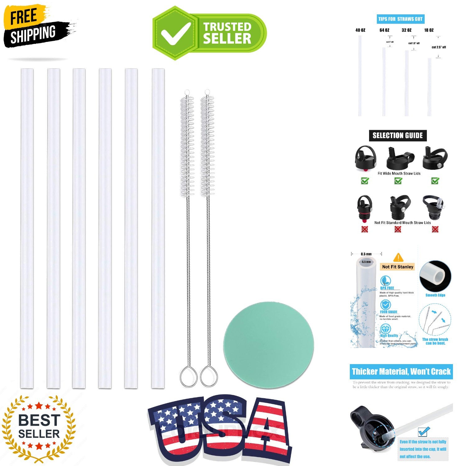 6 Pack Replacement Straws for Hydro Flask Straw Lid Wide Mou