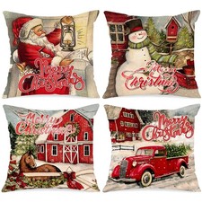 Vintage Merry Christmas Throw Pillow Covers 18x18 Set of 4, Decorative 18 inc...