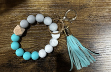 Beaded Wristlet Keychain with Tassel   Turquoise White Gray Bracelet Key Ring