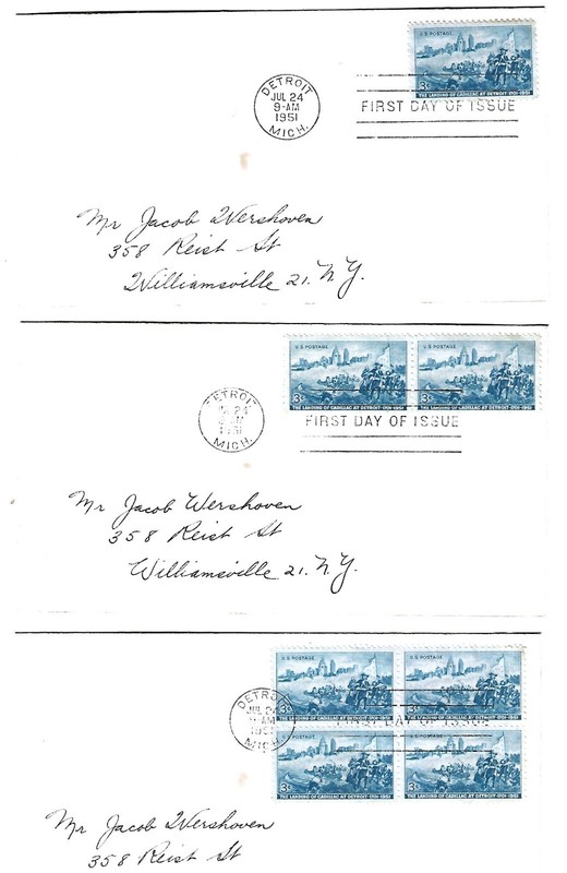 Three First Day covers Scott #1000 Landing of Cadillac, Detroit, Michigan 1951