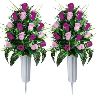 Artificial Cemetery Flowers - Set of 2 Grave Memorial Rose Flowers with Vase .