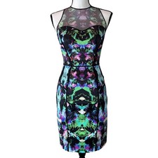 Milly Sheath Dress Floral Print Illusion Neckline Party Cocktail Dress XS