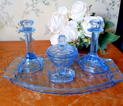 Vintage Art Deco Blau Glas Schminktisch Waschtisch Boudoir Set 5 Teile
