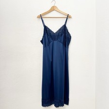 Vintage Velrose Babydoll Slip Dress USA Navy Blue Size 44 XL Satin Lace Coquette