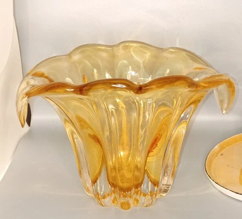 HEAVY Vintage Teleflora Murano Style Amber Handkerchief Art Glass Vase MCM