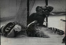 1973 Press Photo Milwaukee Admirals goalie is knocked down by sliding defenseman