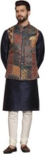 Men's Kurta with Multi-Color Printed Nehru Jacket  Pajama Set - Indian Ethni...