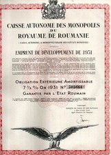 Caisse Autonome Des monopoles du royaume de Roumanie Oblig 7,5 % OR 1931 BE