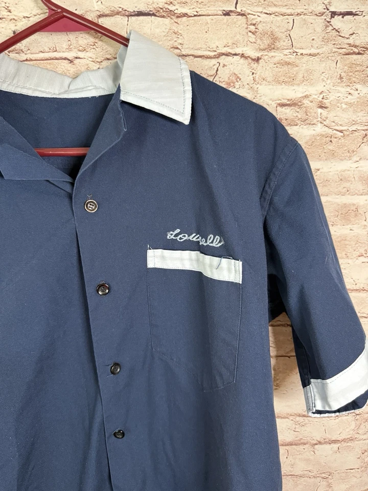 Vintage Gabardine Chain-Stitched Bowling Shirt Navy Blue Rockabilly L/ XL - Image 3 of 4