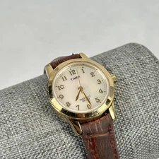 Timex Indiglo Watch Womens Gold Tone White Dial Brown Leather WR 30M Analog