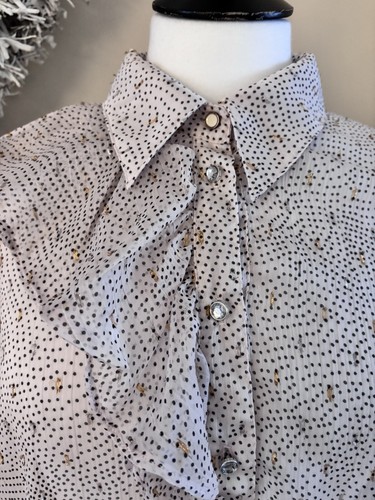 RIVER ISLAND .. Pink/Gold with Black Spot Long Sleeve Semi Sheer Blouse Sz 12 - Picture 3 of 7