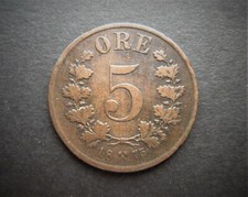 NORWAY BRONZE 5 ORE 1875  LOW MINTAGE  / SNIFF'S  ANCIENT COINS T-4