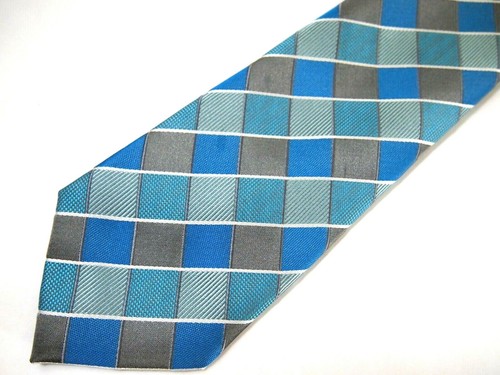 Geoffrey Beene Mens Necktie Tie Aqua Blue Grey Checkered 59"