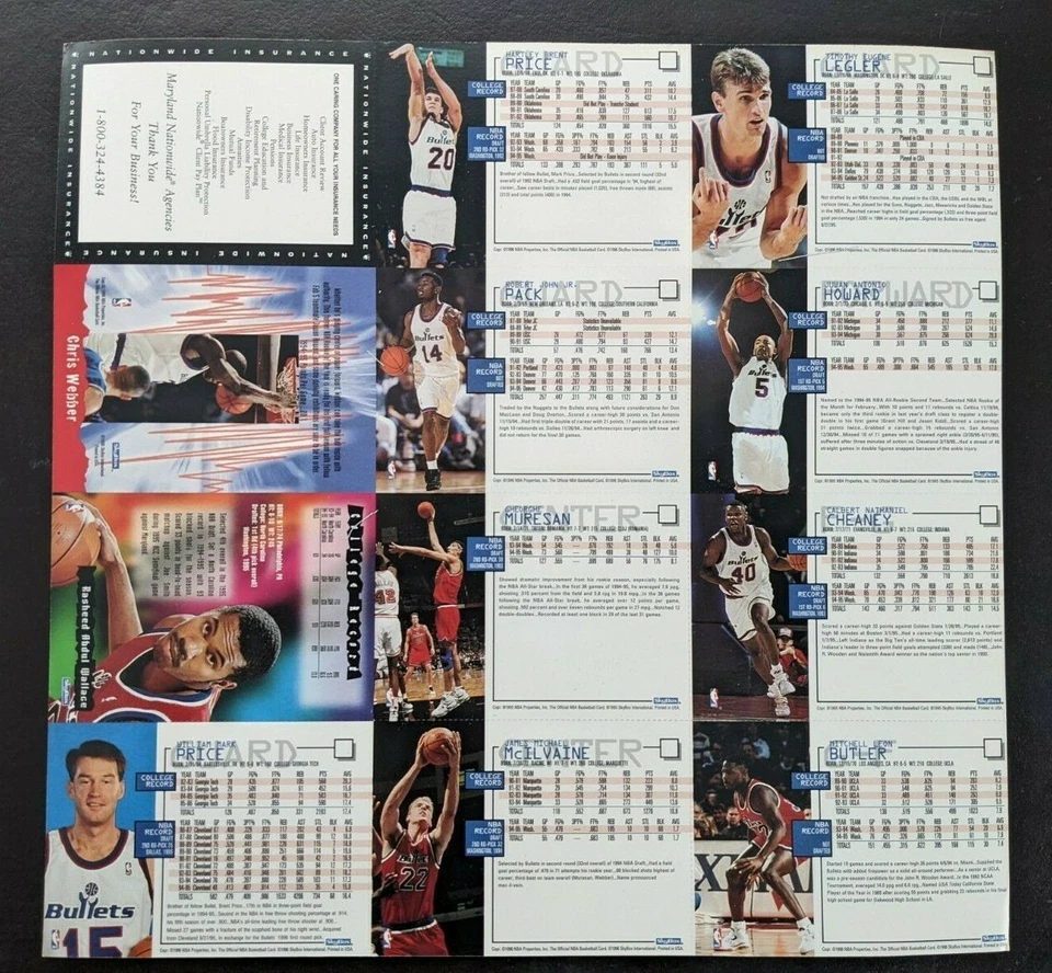 30 WASHINGTON BULLETSs 1996 NBA HOOPS 12 tarjetas HOJAS PROMOCIONALES EX-NM sin pliegues SGA Foto 3 de 4