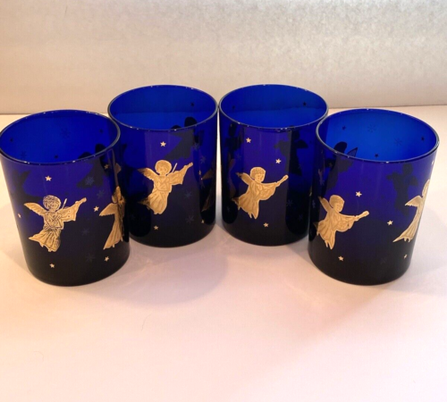 Culver USA Cobalt Blue Gold Christmas Angel Rocks Glasses 4 - Picture 1 of 9