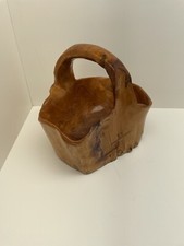 Vintage Hand Carved Wooden Bowl Basket 9  X 7  X 10  