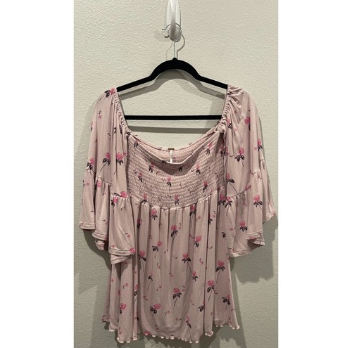 FREE PEOPLE Lana schulterfreie rosa lila Blumenmuster Glockenärmel Tunika Größe M - Bild 4 von 7