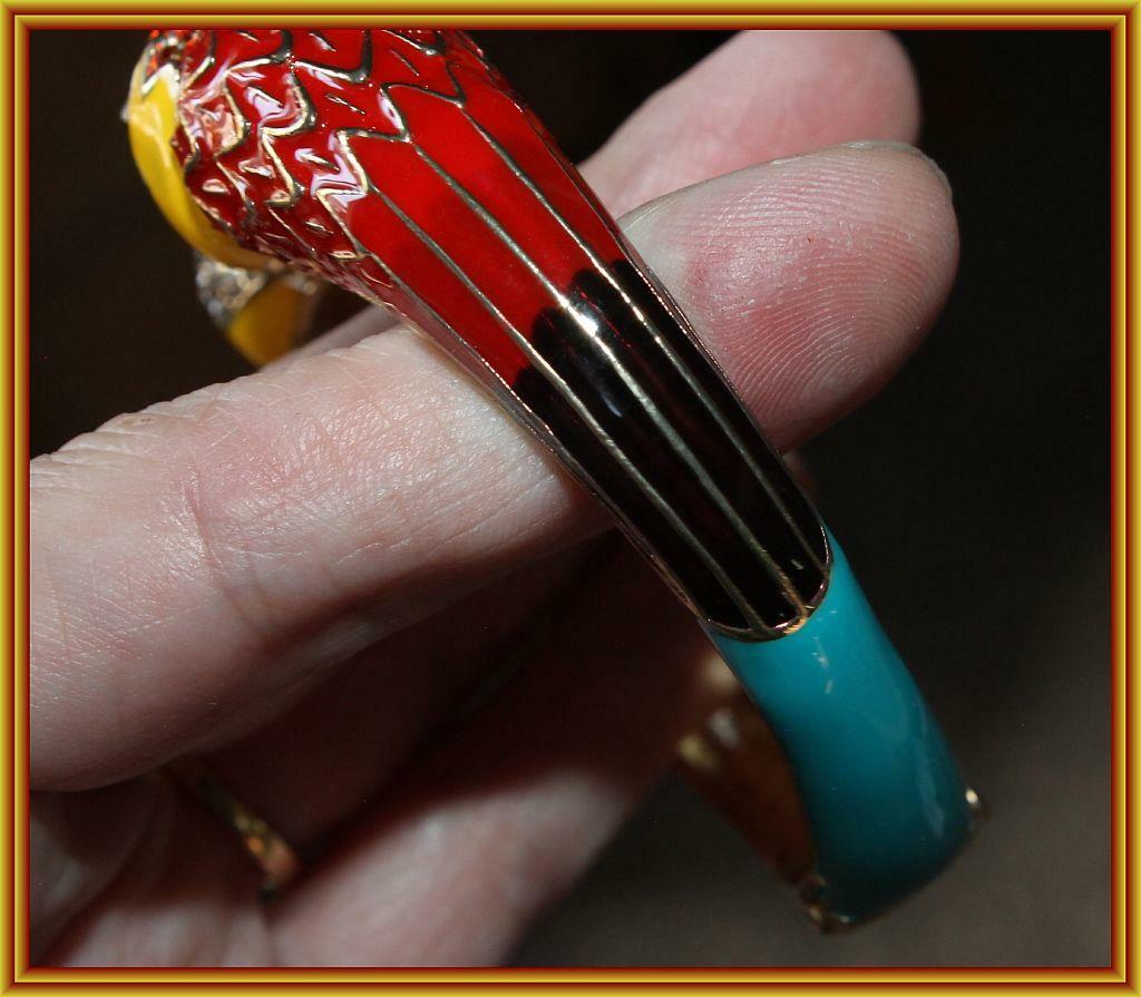 PARROT BANGLE BRACELET Hinged Closure Crystal & Enamel NEW Off