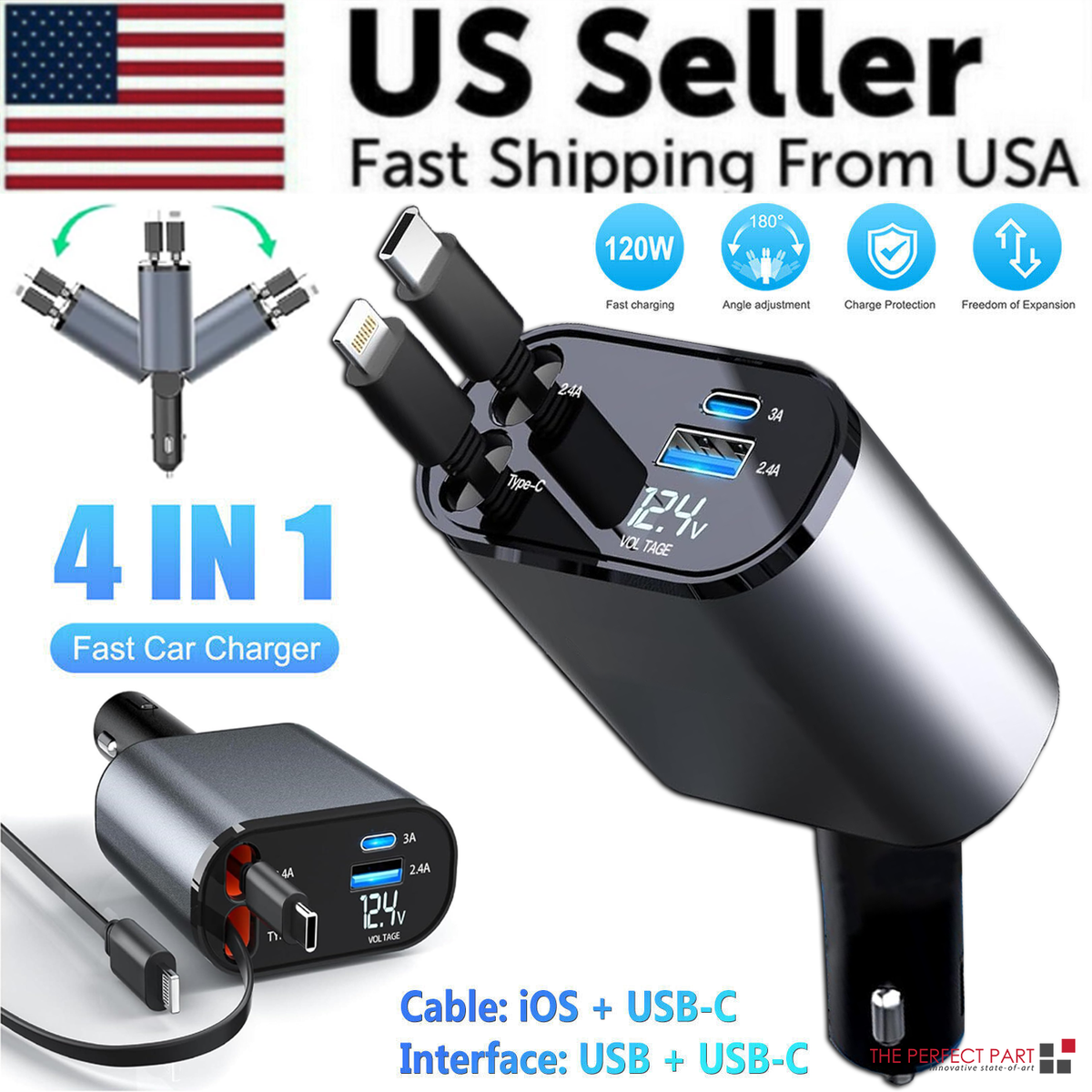 retractable cigarette lighter charger Retractable Car Charger 4 in 1 Fast Car Phone Charger 120W With USB Type C  Cable