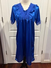 Women Short Sleeve Silky Thin Nightgown Royal Blue Sz L 37"Lx19"W