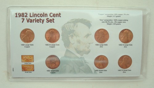 1982 LINCOLN CENT 7 Coin Variety Set, BU in Plastic Sleeve on Card ...