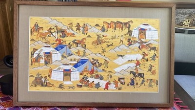 Hand Painted Silk Mongolian Nomadic Life Scene Horses Yurts Asian Folk Art Frame