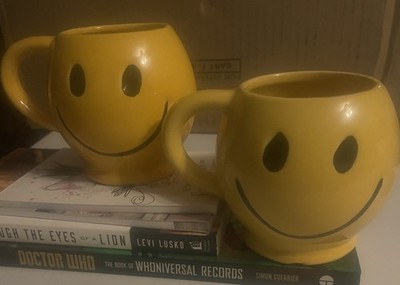 3 1970 s McCoy Pottery Sunshine-Yellow Smiley Face Happy Coffee Cup Mugs.   