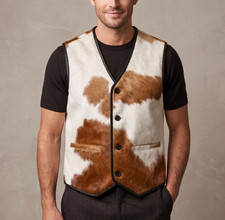 Men's Real Cowhide Leather Vest Hair on Hide  Western Style Cow Boy Vest