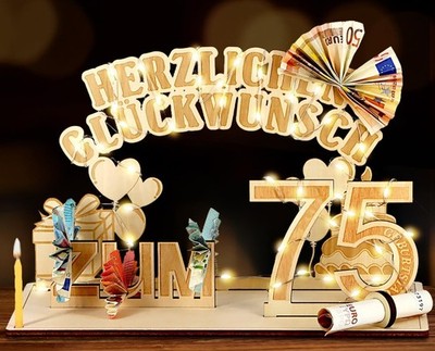 Glitzerndes LED Holz Geldgeschenk zum 75. Geburtstag - Innen & Außen - 3m - G...