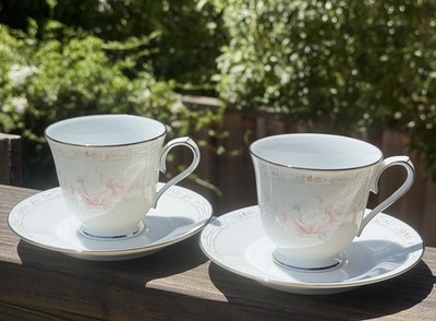 Set Of 2 Noritake China CARTHAGE 3330 Pink Floral Footed Cups & Saucers