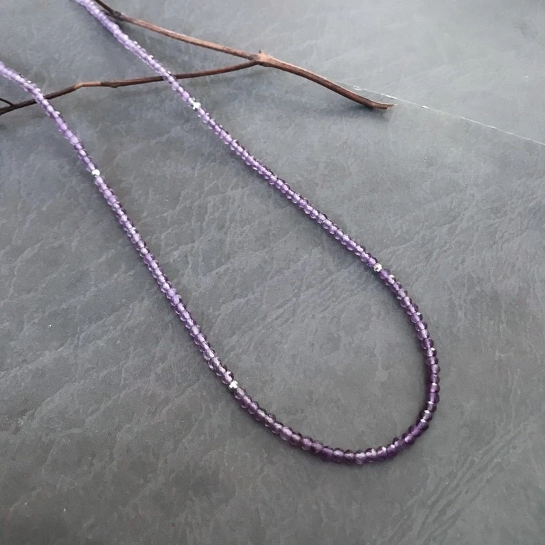 Collares de piedras preciosas redondas facetadas amatista de 2-3 mm de piedra de nacimiento de febrero de 18"" Foto 4 de 4