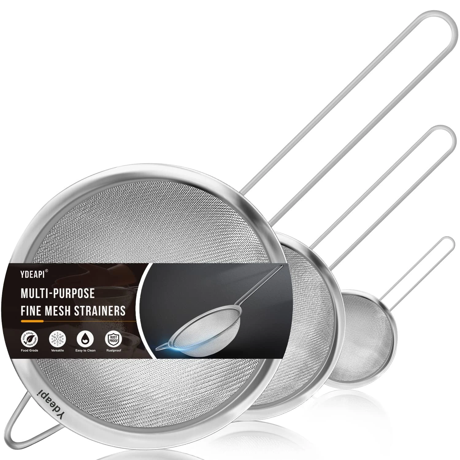 Ydeapi Fine Mesh Strainer, 7" + 4.6" + 2.7", 3pcs Strainers - 4.6",