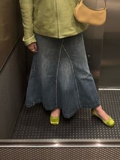 Vintage Y2K Flared Denim Maxi Skirt 7 Medium Blue Wash Cotton Exposed Hem Stud